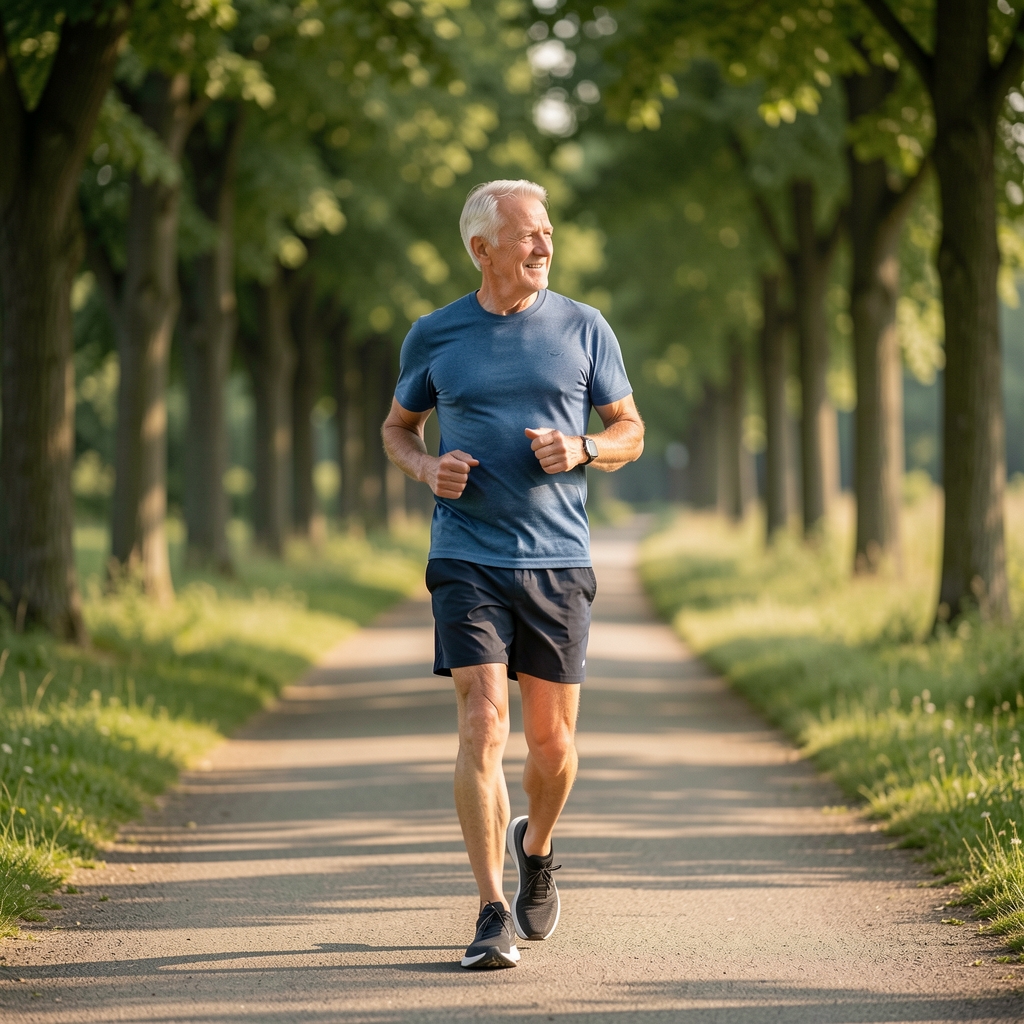 Older runner maintaining a relaxed conversational pace on a tree-lined path