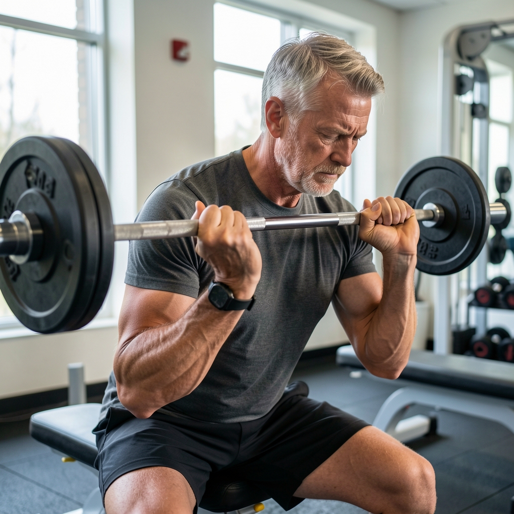 Mature man concentrating during a slow resistance exercise with careful form