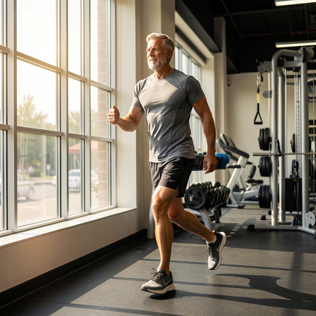 Mature athlete moving through a deliberate warm-up beside a sunlit gym window