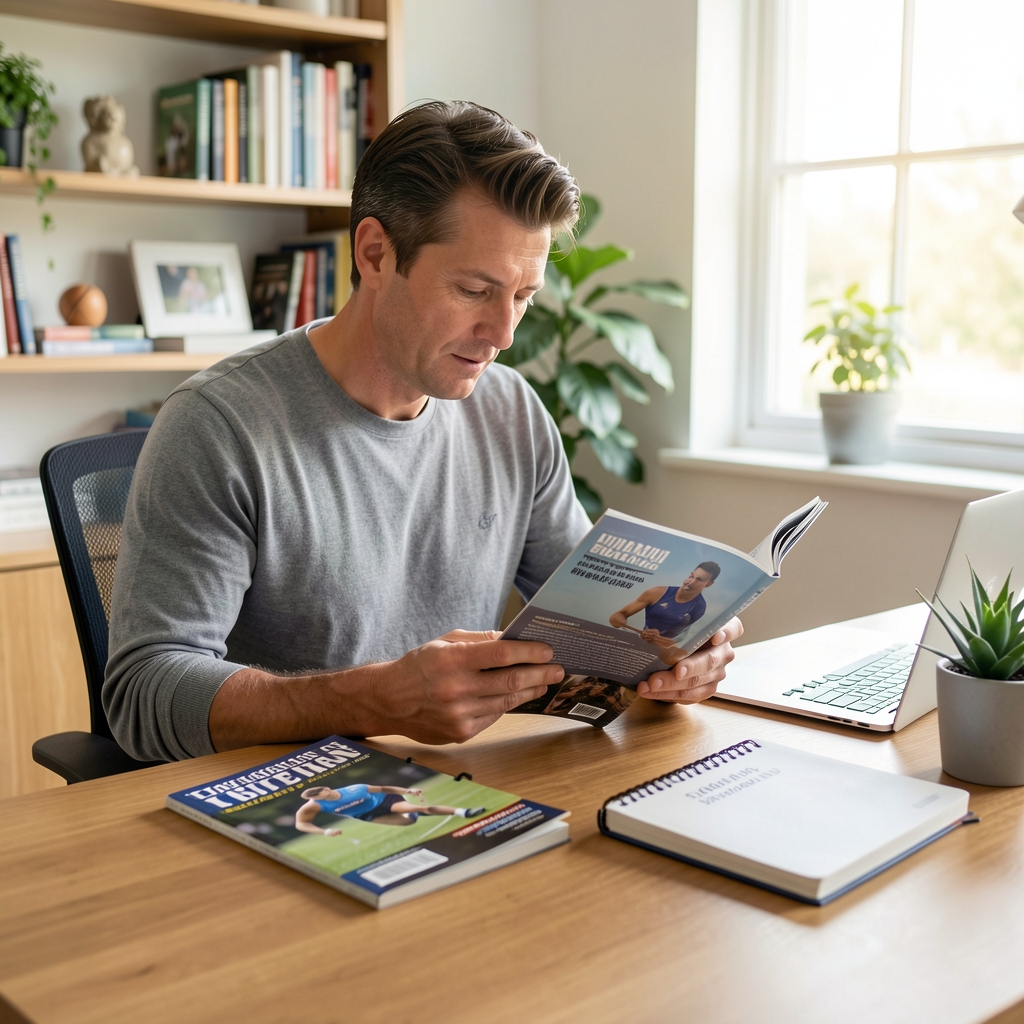 Mature Indonesian reader studying a sports performance magazine beside a training journal in a bright home office