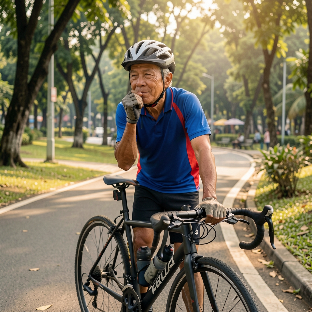 Mature cyclist breathing calmly during a recovery pause beside a Jakarta park path