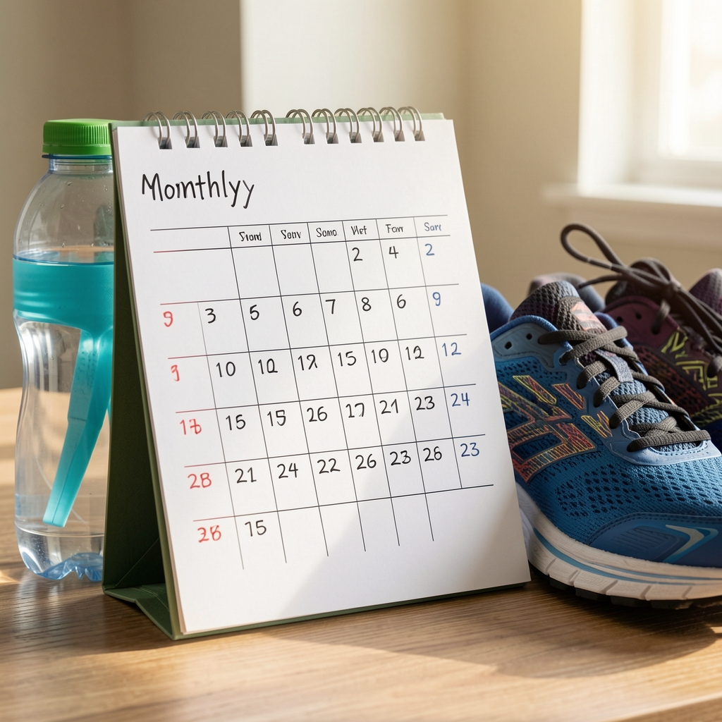 Close view of a handwritten monthly training calendar beside a water bottle and running shoes