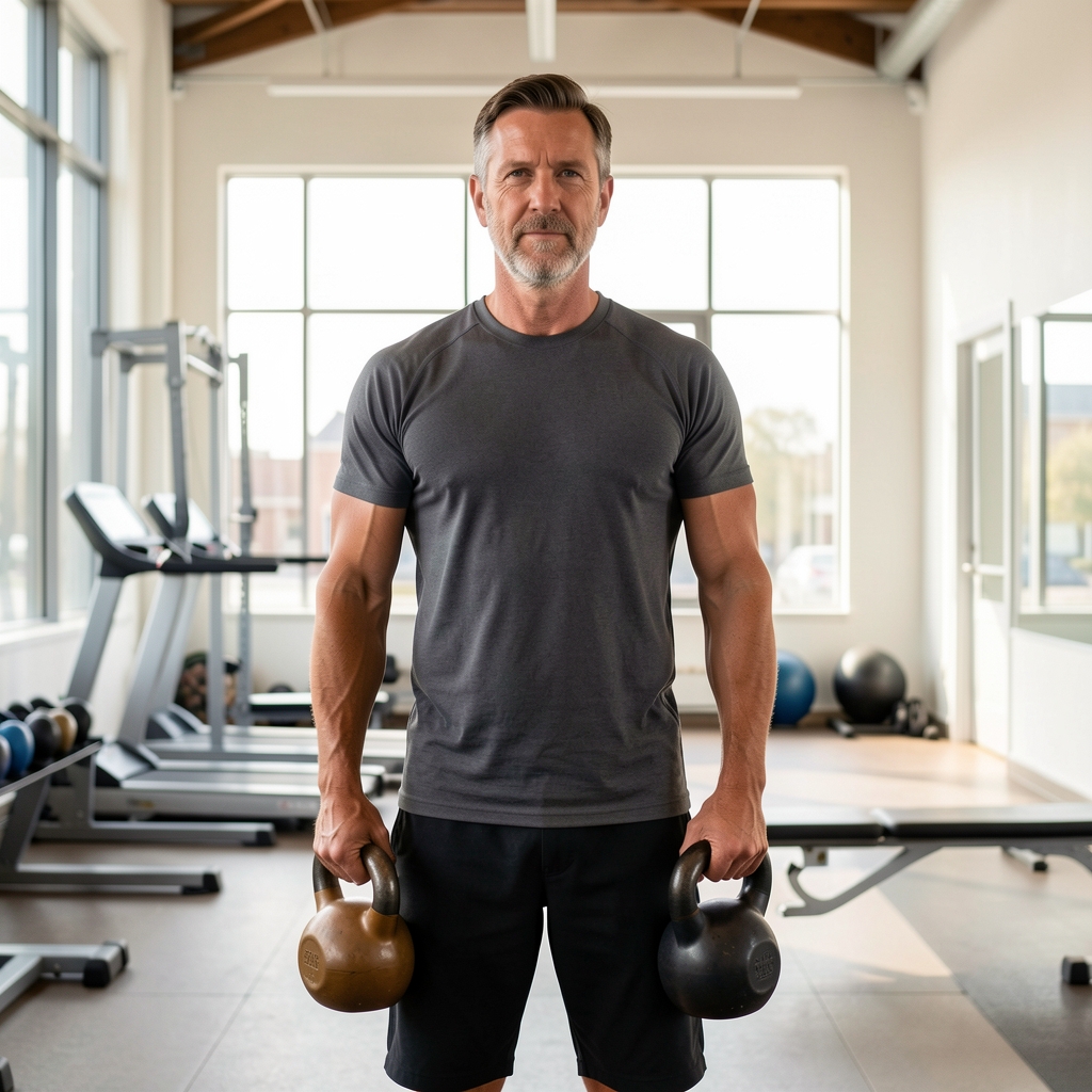 Man aged over 35 carrying two moderate kettlebells with tall posture in an airy training hall