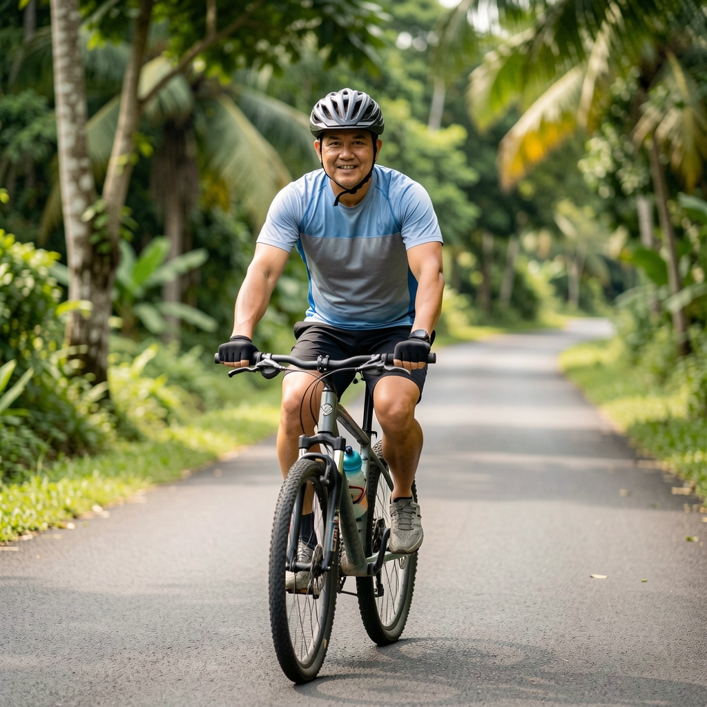 Indonesian man over 35 cycling comfortably on a quiet green route with helmet and water bottle