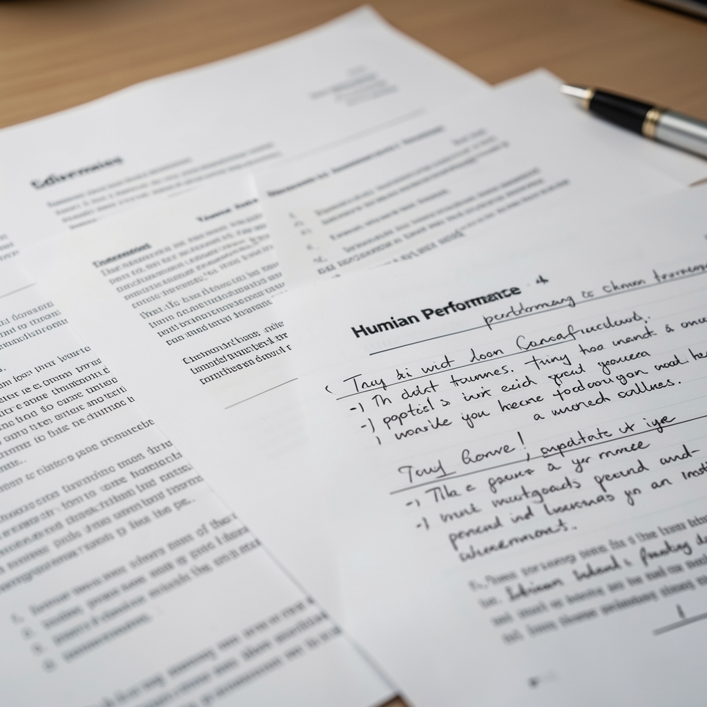 Close view of printed research papers and annotated editorial notes about human performance