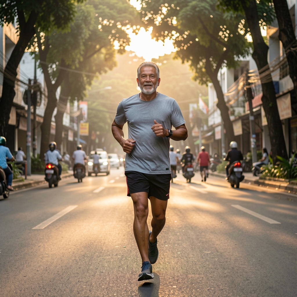 Mature male runner maintaining an easy pace on a shaded Jakarta street at dawn