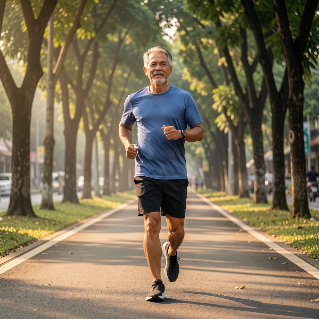 Mature man jogging at an easy pace along a tree-lined Jakarta path in morning light