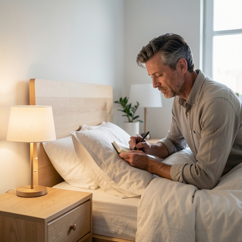 Man over 35 journaling quietly beside a lamp before bedtime in a minimalist home interior