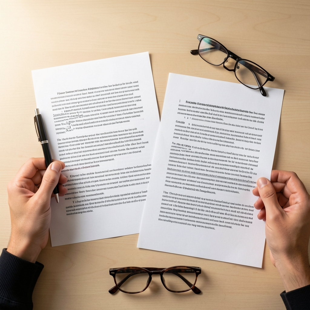 Hands comparing two printed exercise research summaries beside a pen and reading glasses