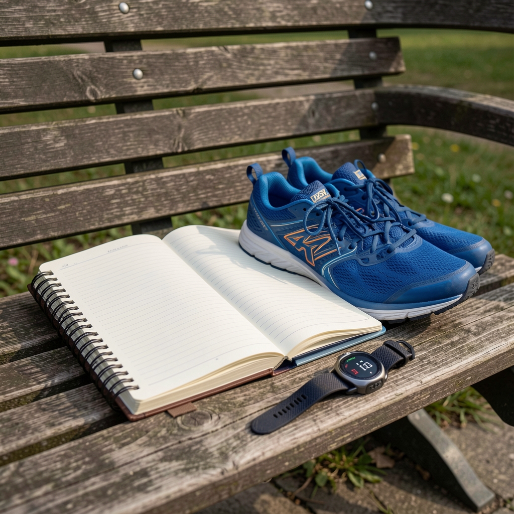 Open field notebook beside running shoes and a heart-rate watch on a wooden bench