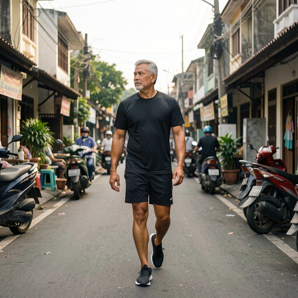 Mature man walking thoughtfully through a Jakarta neighbourhood after a light training session