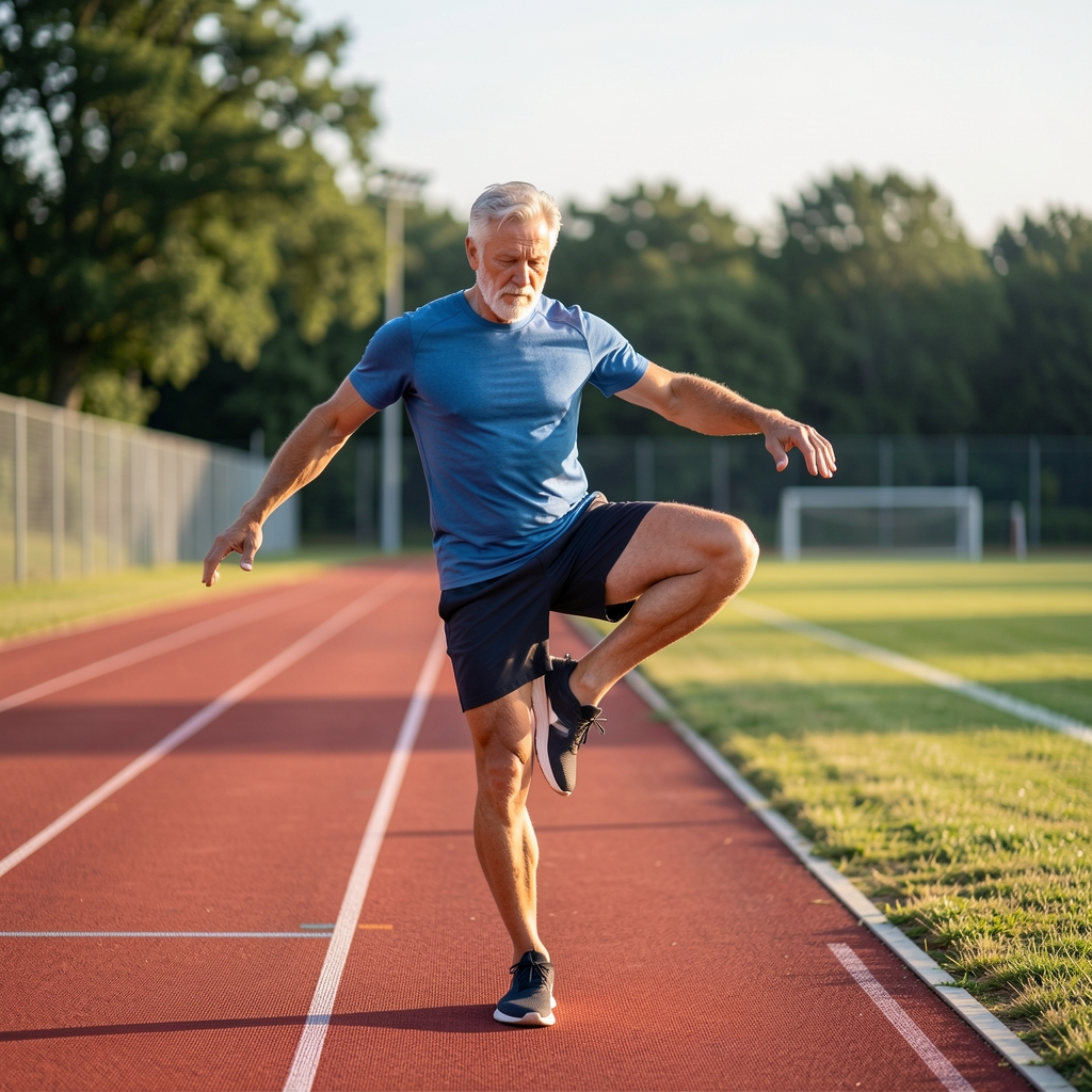 Mature athlete practising single-leg balance near a quiet outdoor track