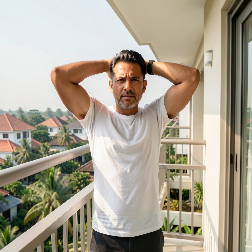 Man over 35 stretching his shoulders on a bright apartment balcony in Indonesia