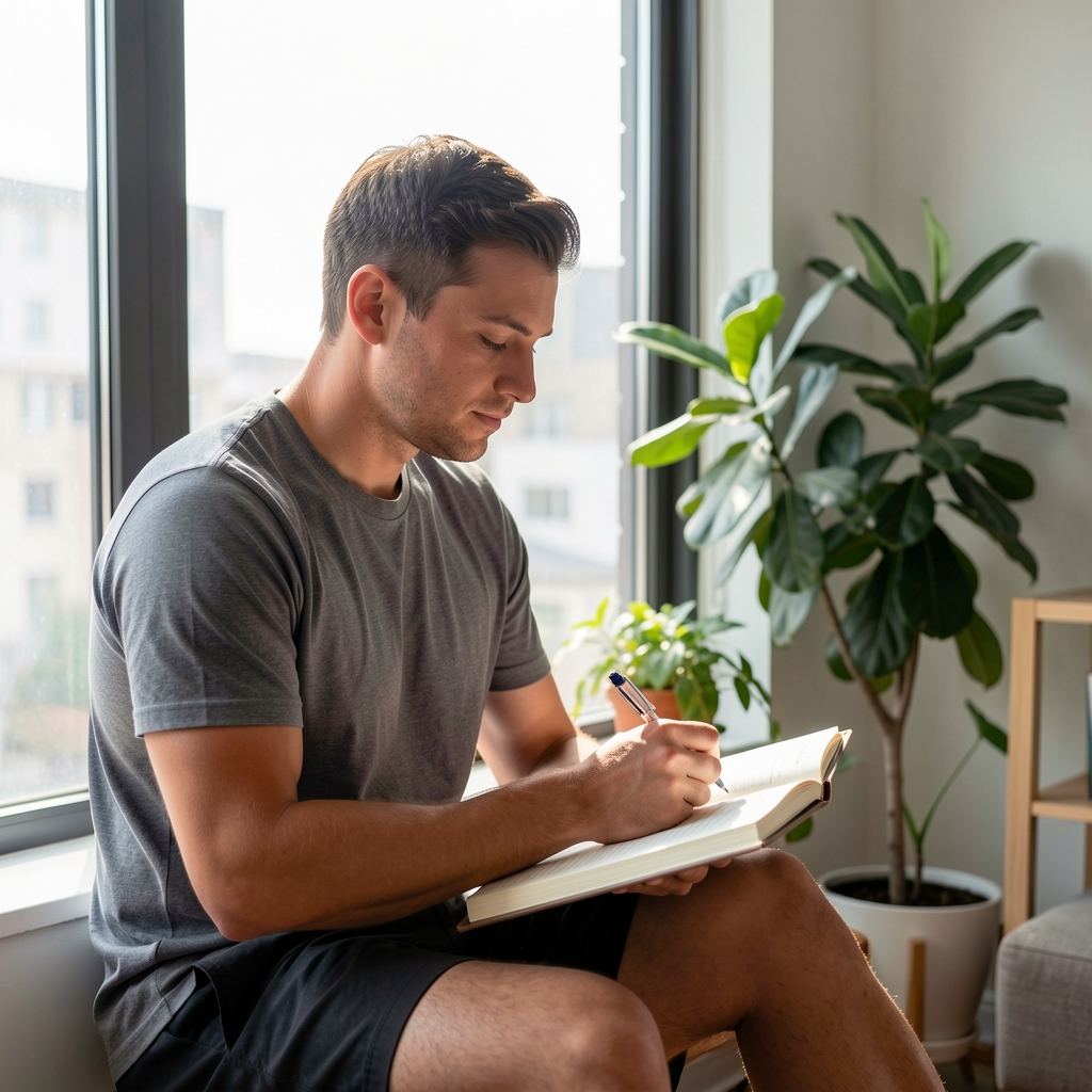 Calm post-training scene with a seated man journaling beside a window with plants