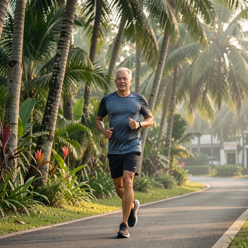 Mature man running beside tropical trees in Jakarta during a soft early morning