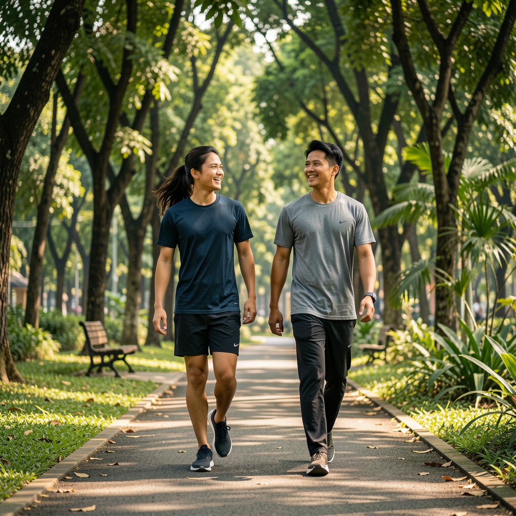Two active friends walking together through a leafy Jakarta park after training