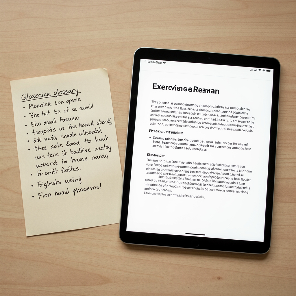 Handwritten glossary notes beside a tablet displaying an exercise research article