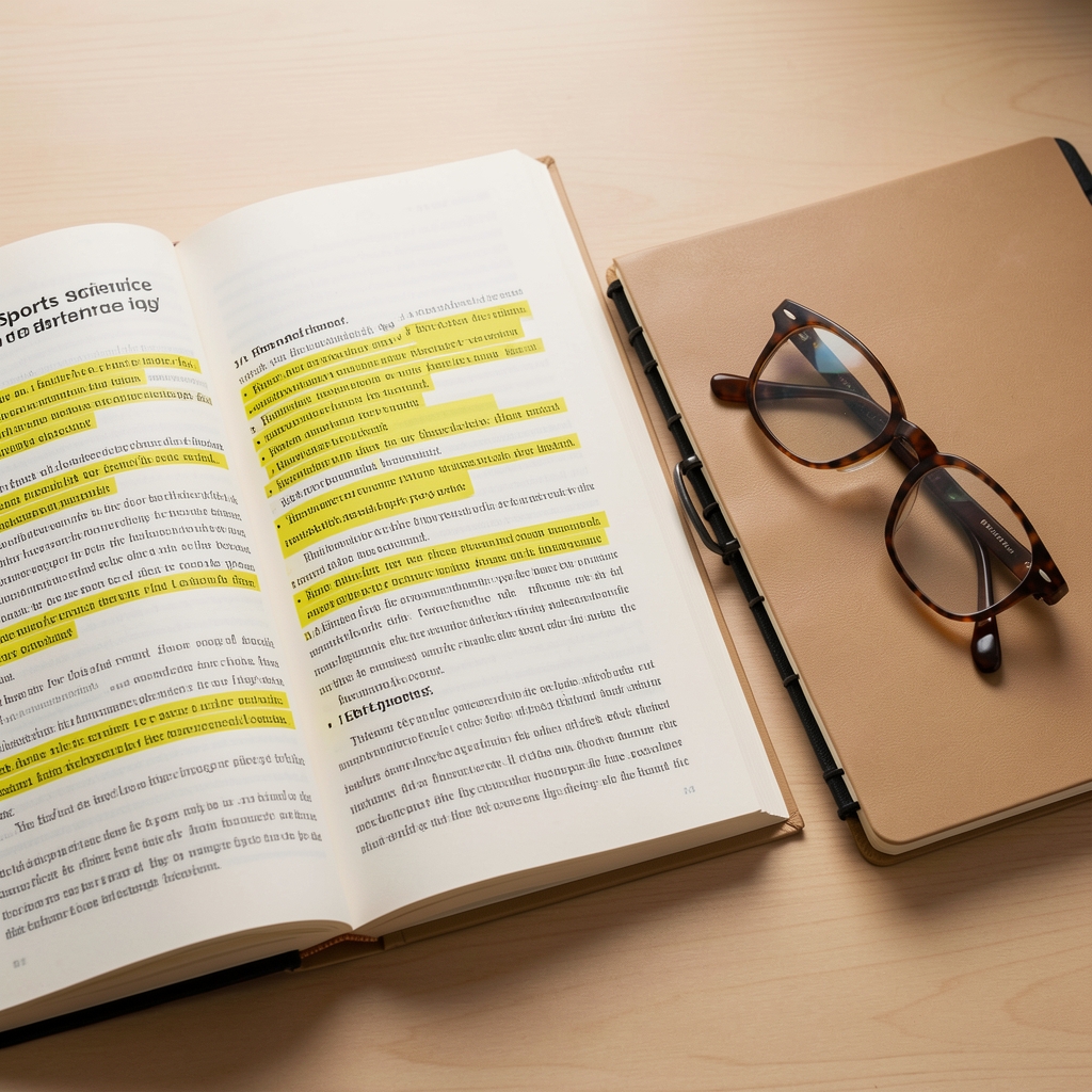 Open sports science book with highlighted terms beside a notebook and reading glasses