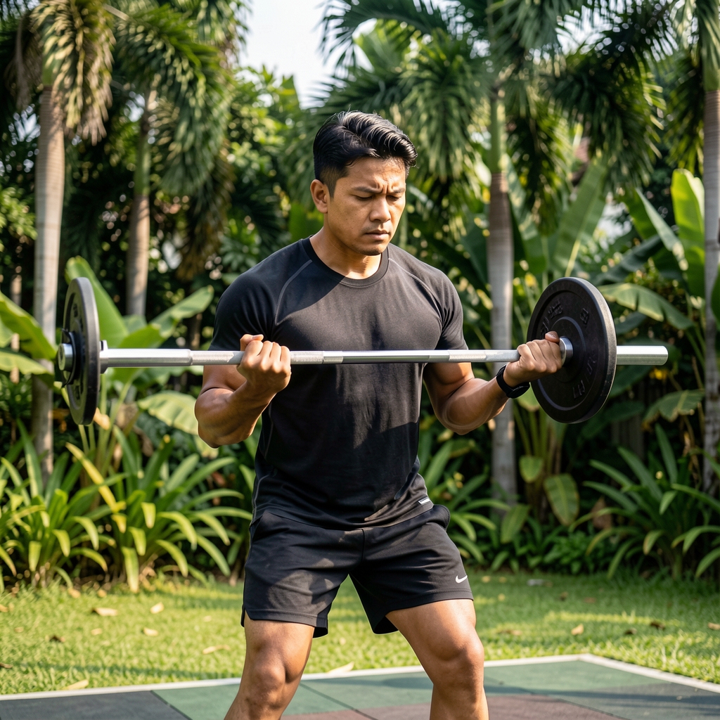 Mature Indonesian man performing functional strength training outdoors beside Jakarta greenery with focused posture