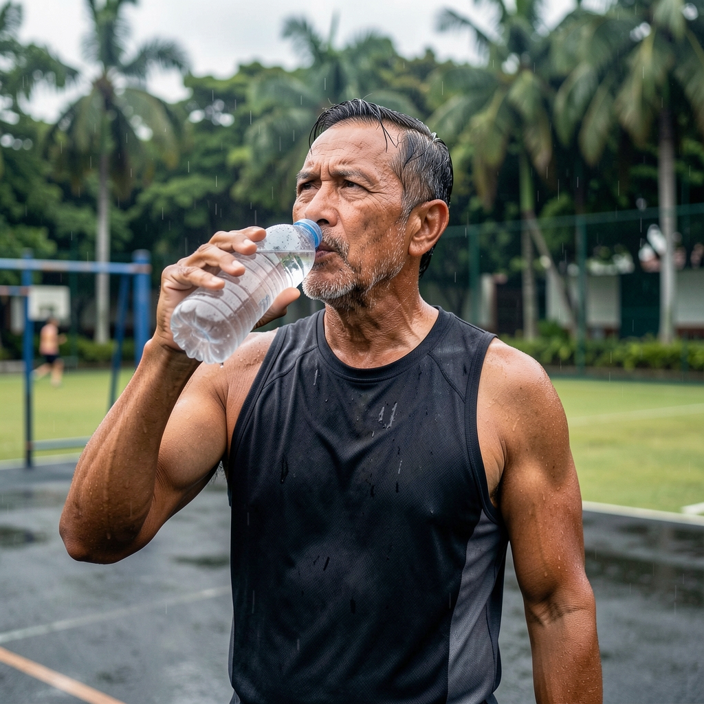 Mature athlete drinking water after a humid outdoor training session in Jakarta