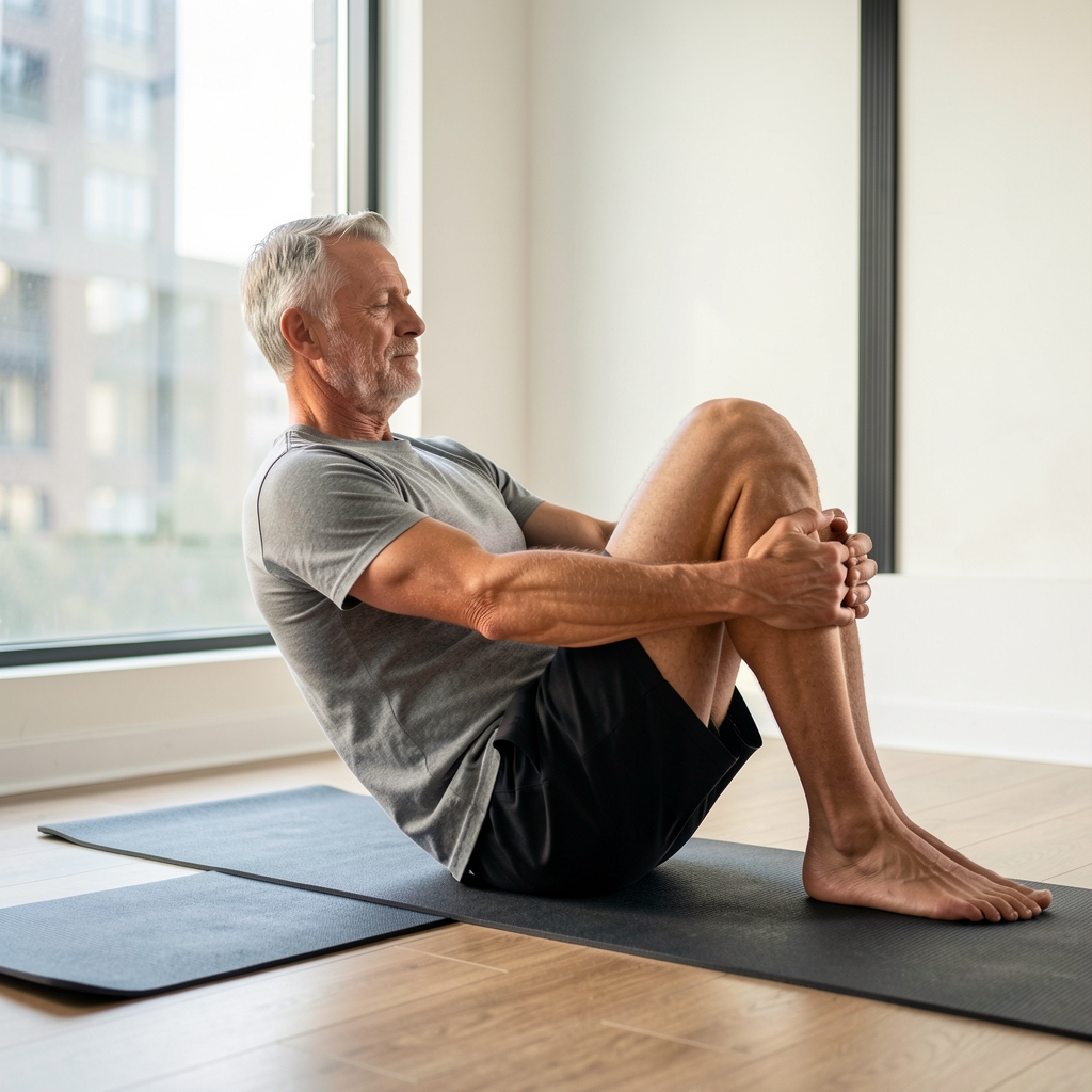 Mature man performing a controlled hip mobility exercise on a studio mat near a window