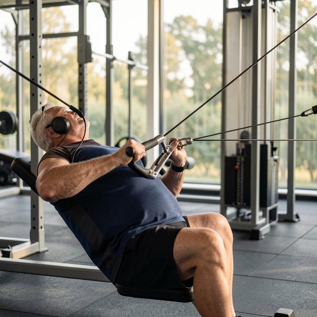 Older recreational athlete practising a careful cable row with neutral spine alignment