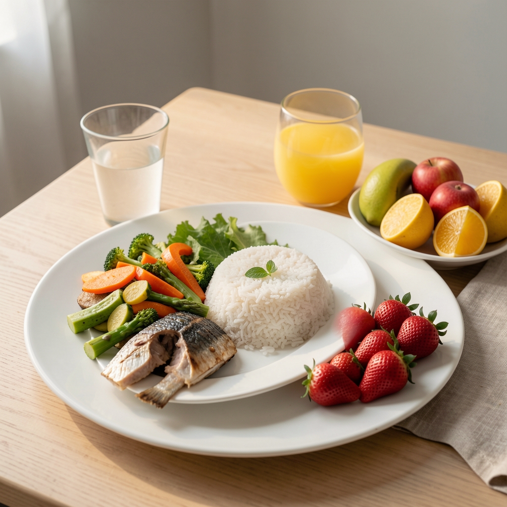 Balanced Indonesian meal with rice vegetables fish and fresh fruit arranged on a simple table
