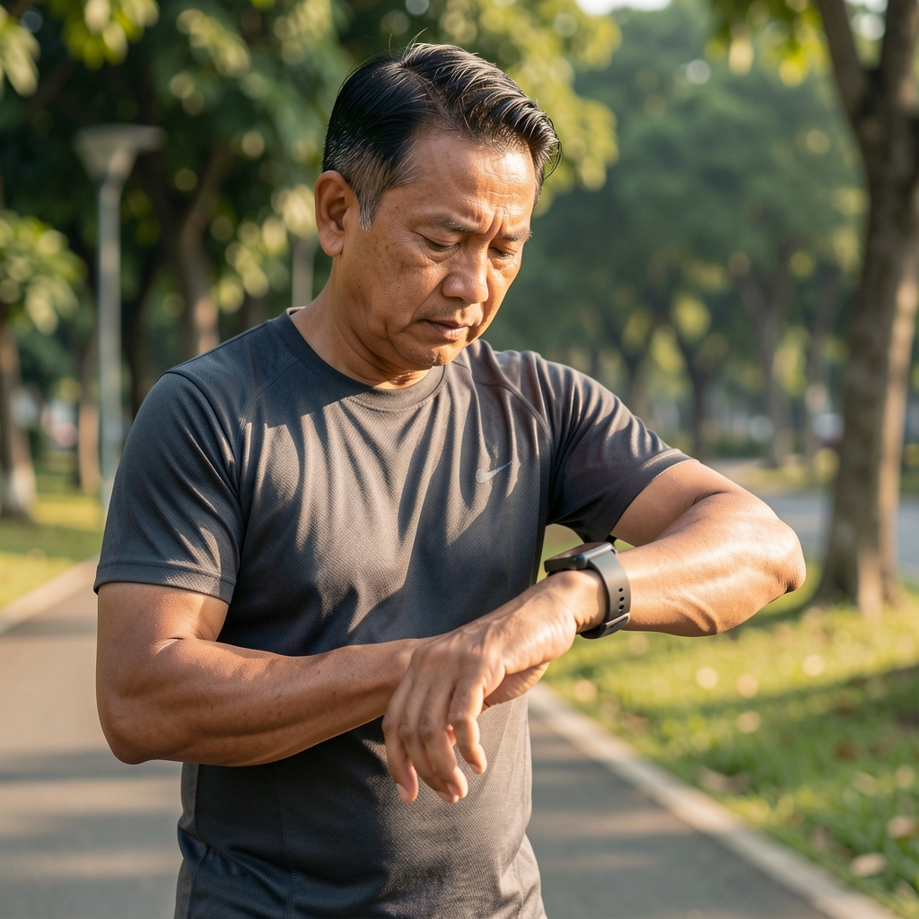 Middle-aged Indonesian athlete checking a heart-rate watch after a measured outdoor run