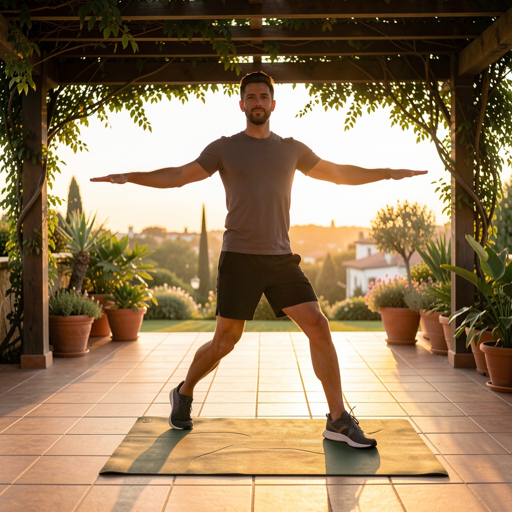 Active Indonesian man completing a calm mobility routine on a shaded terrace at sunrise