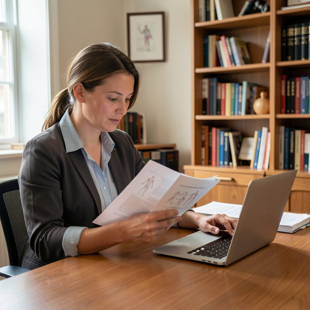 Researcher examining sports physiology papers and a laptop in a quiet study room