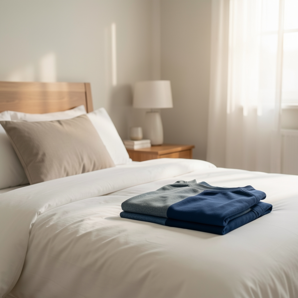 Calm bedroom prepared for restorative sleep with folded training clothes and soft morning light