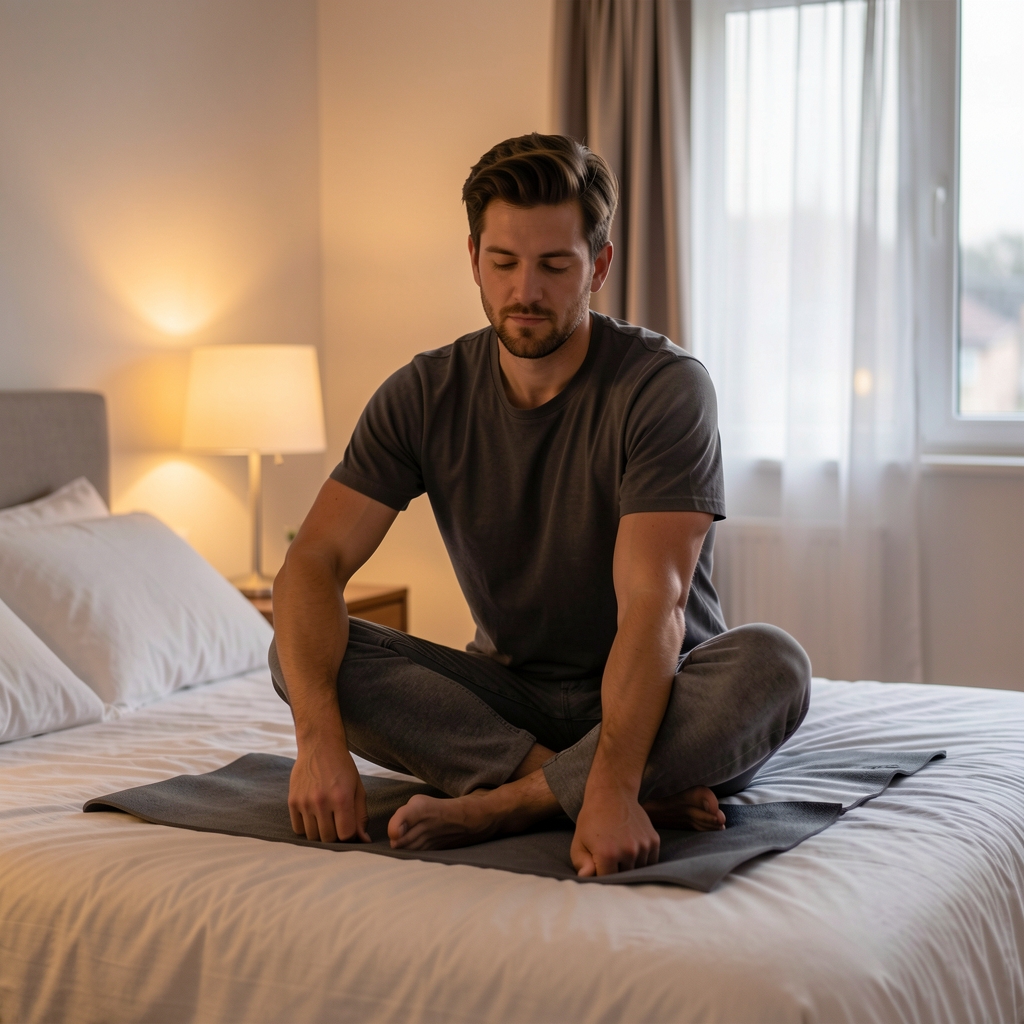 Mature Indonesian man preparing a calm evening recovery routine in a softly lit bedroom
