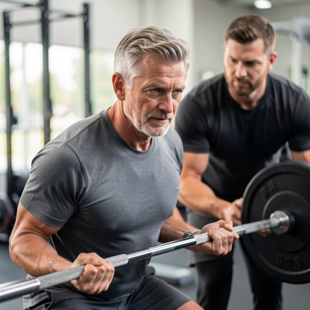 Focused mature athlete performing a barbell deadlift with a coach observing alignment in a clean gym