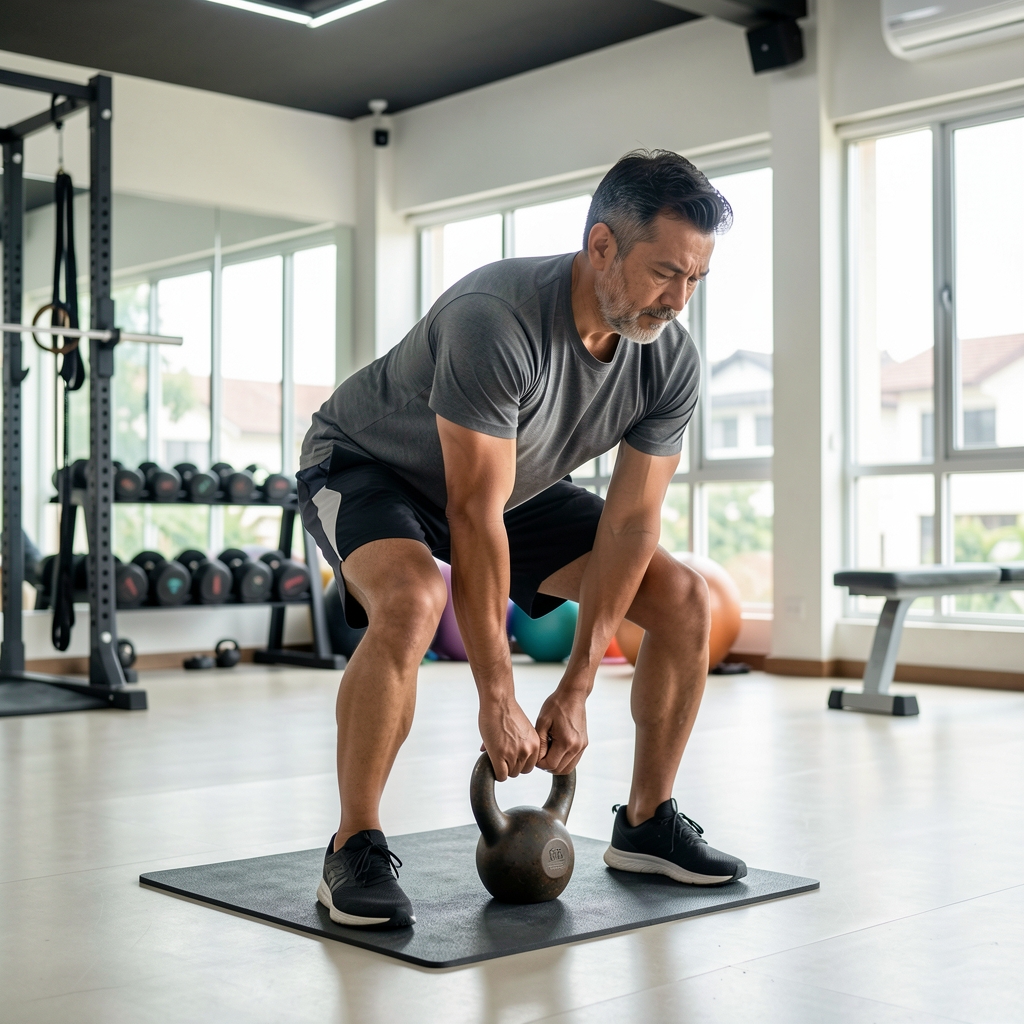 Man over 35 practising a controlled kettlebell hinge in a bright Jakarta training studio