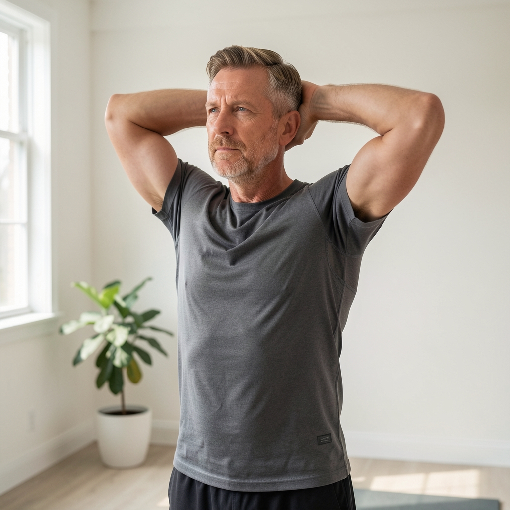 Active man aged 35 or older stretching his upper back after training in a quiet bright room