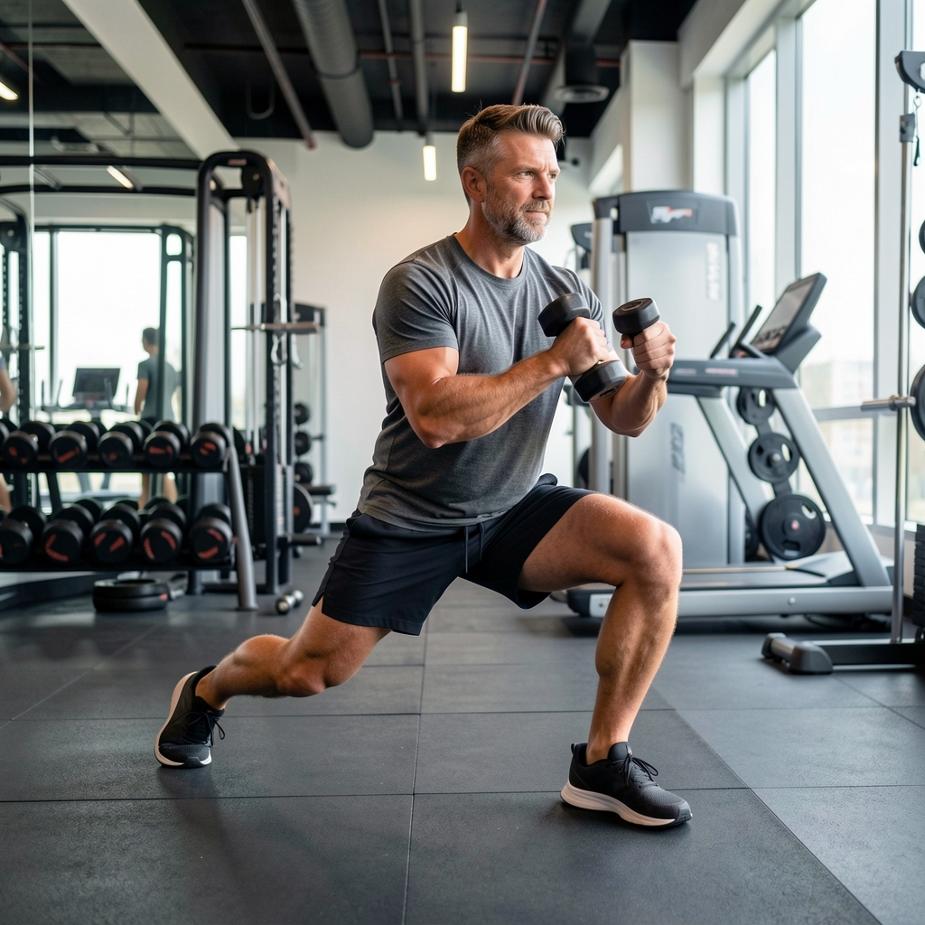 Man aged over 35 performing a balanced split squat with a dumbbell in a modern gym