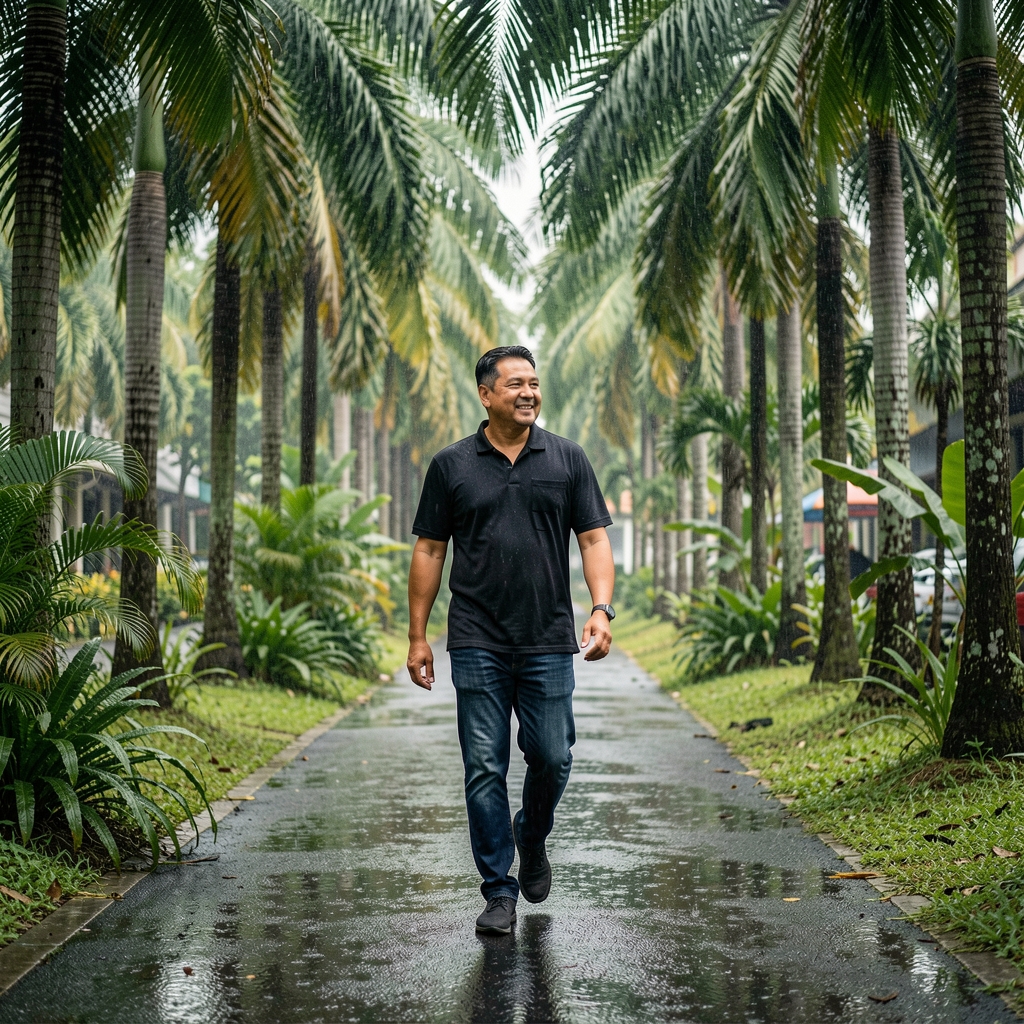 Man over 35 taking a relaxed recovery walk beneath tropical trees in Jakarta after light rain